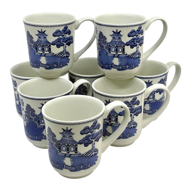 Johnson's Brothers Blue Willow Chinoiserie Mugs Made in England -Set of 8 For Sale