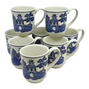 Late 20th Century Johnson's Brothers Blue Willow Chinoiserie Mugs Made in England -Set of 8