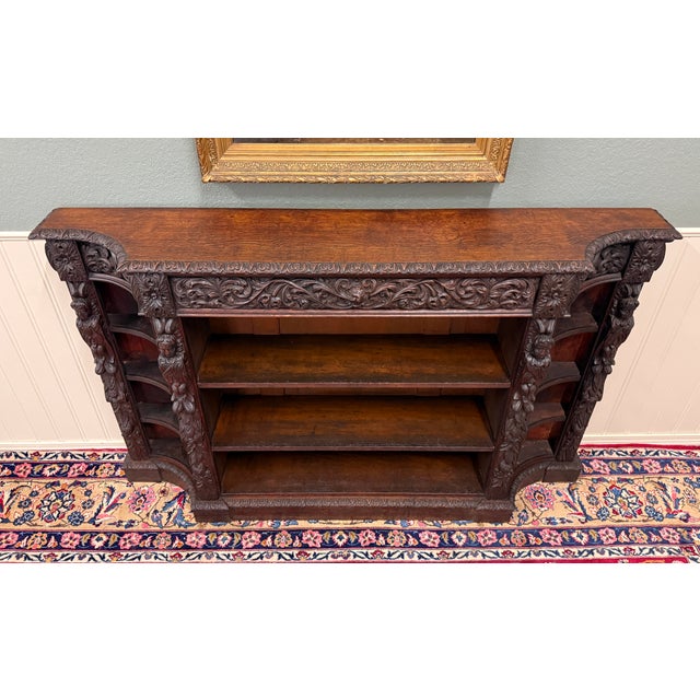 Antique French Renaissance Revival Style Carved Bookcase Bookshelf Oak c.1890s For Sale - Image 9 of 18