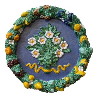 Large Vintage Italian Majolica Della Robbia-Style Fruit Garland Wall Charger, Floral Center, Marked Italy For Sale