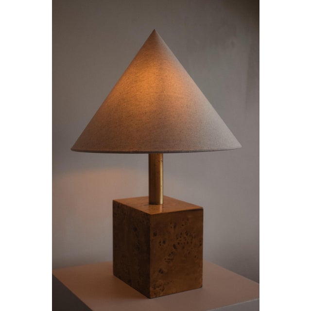 Modern Burl Wood Table Lamp, 1970s, in Good conditions. Designed 1970 to 1979 European Plug (up to 250V).The wiring of...