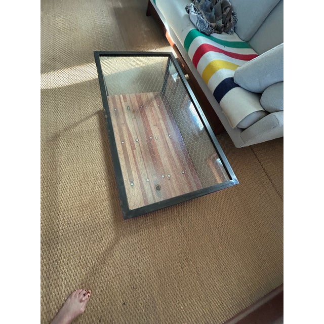 Black Industrial Custom Made Metal and Chicken Wire Glass Coffee Table on Casters For Sale - Image 8 of 10