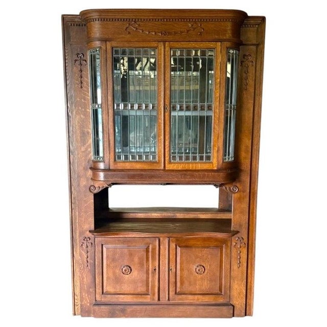 Art Nouveau Oak & Leaded Beveled Glass Bar-Back C1910 For Sale - Image 14 of 14