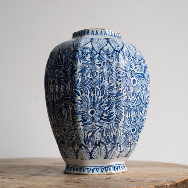 Japanese Antique Dutch Delft Vase With Blue and White Chinoiserie Floral Decoration 18th C For Sale - Image 3 of 12