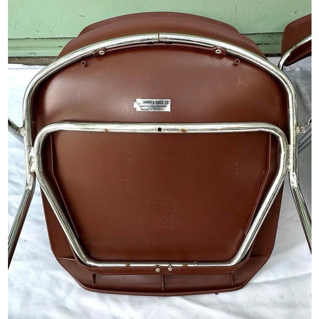 Brown 1970s Mid-Century Chrome Stacker Chairs – Pair, Stackable Office or Dining Seating, Sculptural Brown Seats For Sale - Image 8 of 11