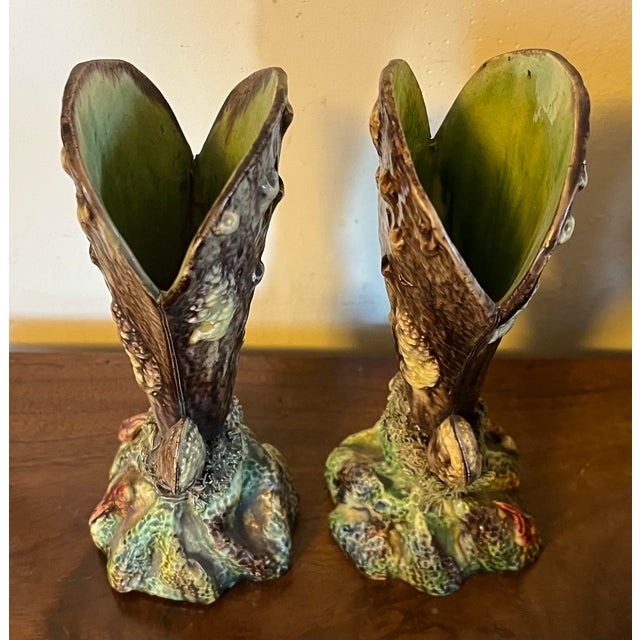 Pair antique 19th century French Palissy ware sea shell form vases. Each with a large open mussel shell standing upright...