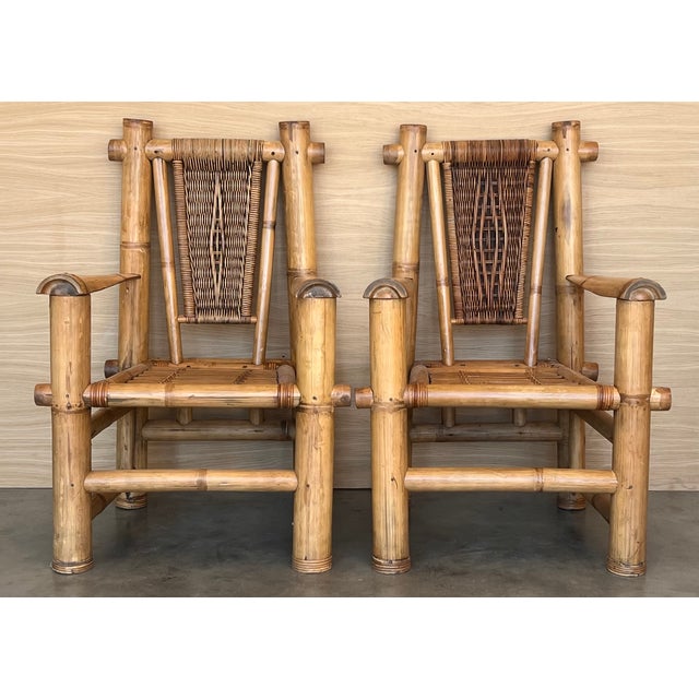 Budji Layug Style Majestic Pair of Bamboo Pagoda Throne Chairs . Set in very good vintage condition Height to the arms :...