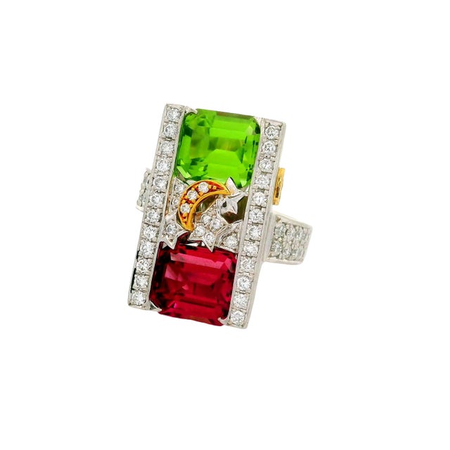 Green and Pink Tourmaline Diamond Platinum 18k Gold Stars-Moon Ring, Size 5.75 For Sale - Image 4 of 6