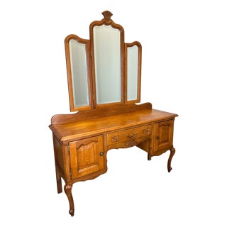 Vintage French Dressing Table with Mirror in Oak For Sale