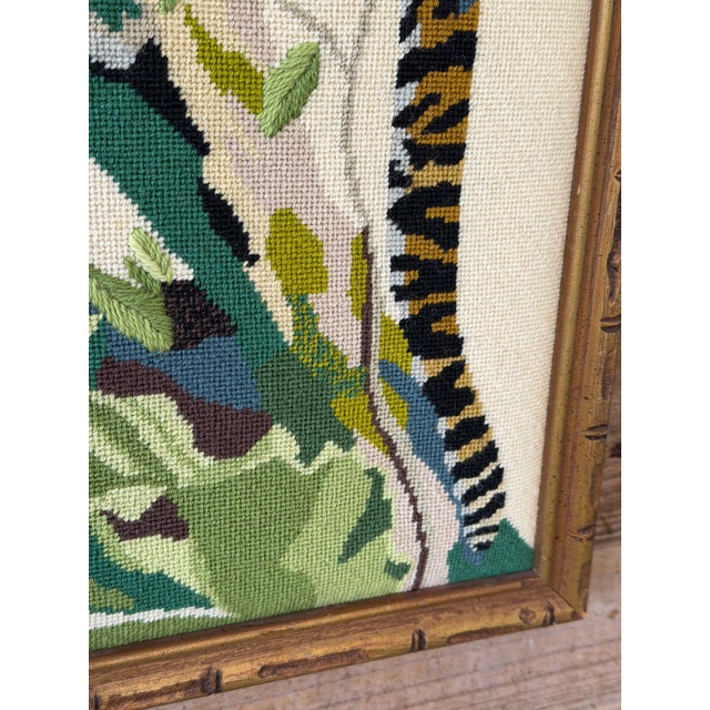 Brown Vintage Leopard Jungle Needlepoint Textile Art in Faux Bamboo Frame For Sale - Image 8 of 11