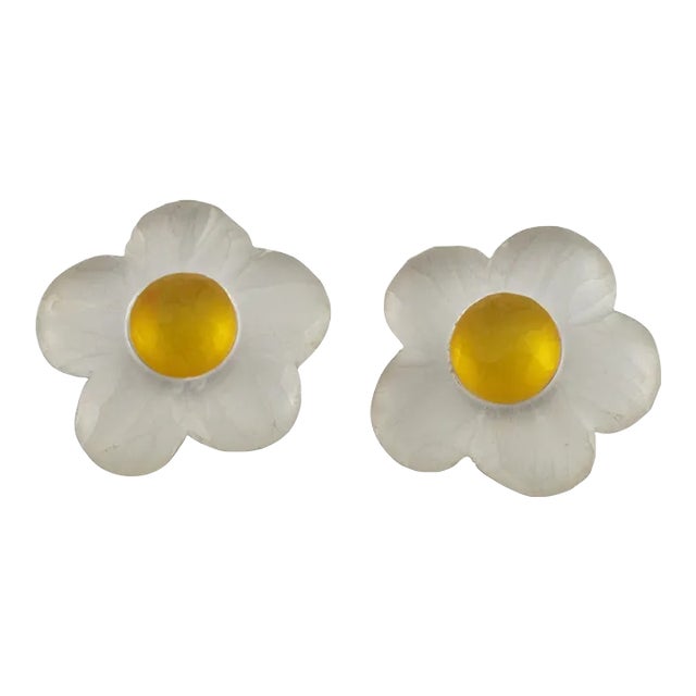 Kaso Carved Lucite Pair of Clip Earrings Oversized Daisy Flower For Sale