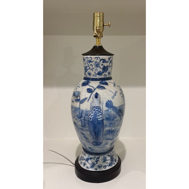 Wood Large Scale Chinoiserie Blue and White Porcelain Table Lamp With Sculptural Bird Handles For Sale - Image 7 of 14