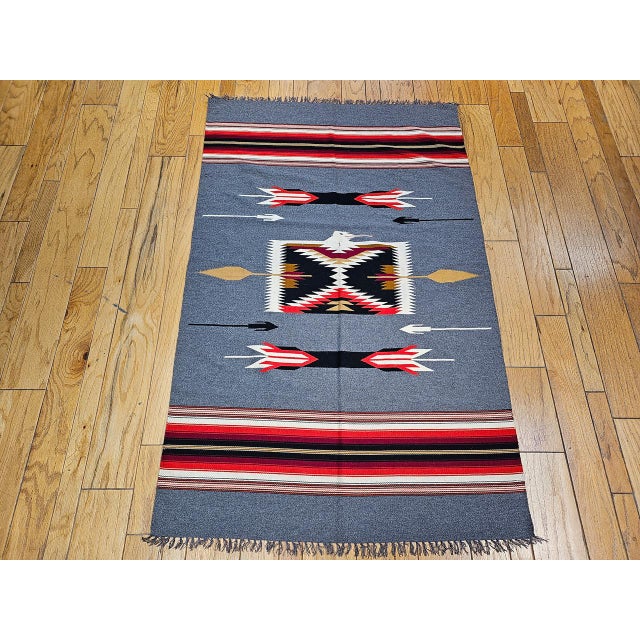 American Vintage American Southwestern Kilim Rug, Handwoven Wool, Mythical Bird Pattern, Pale Blue & Ivory, 4x7 For Sale - Image 3 of 11