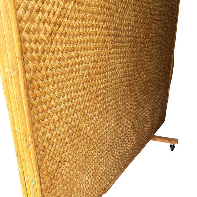 Wood 1930s Art Deco 9' Foot X 6' Foot Rattan & Woven Wicker Rolling Wall Divider Screen For Sale - Image 7 of 11