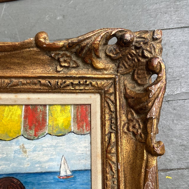 1960s 1960’s Original Folk Art Paris School Style Female Portrait / Seascape Painting Fancy French Frame For Sale - Image 5 of 6