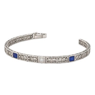 Antique 14k Gold Diamond & Blue Stone Filigree Bracelet For Sale
