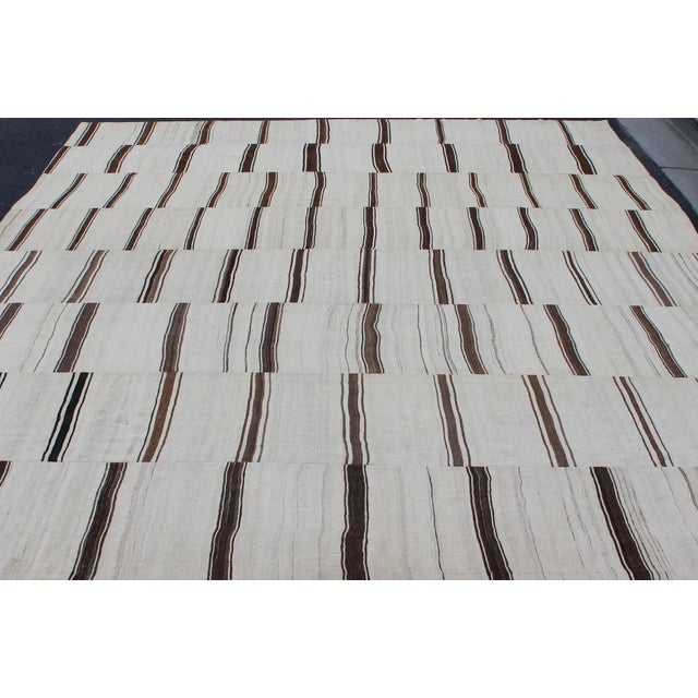 Mid 20th Century Large Vintage Turkish Kilim Rug With Vertical Stripes in Cream and Brown Stripes For Sale - Image 4 of 13