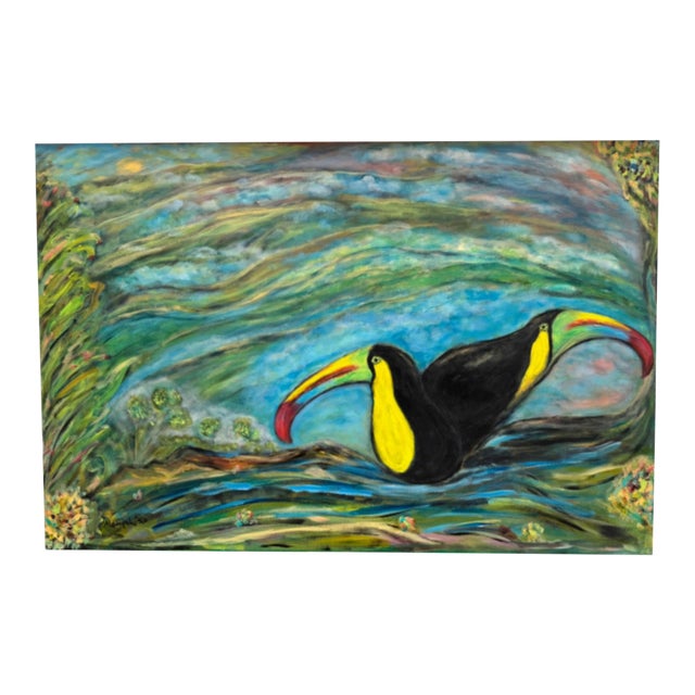 Large Vibrant Tropical Toucan Painting, Signed Mampel For Sale
