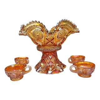Plate and Glasses from Marigold Carnival, 1890s, Set of 6 For Sale