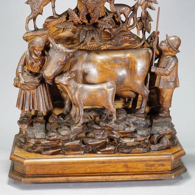 Antique Mantel Clock with Herdsman Family, Goats and Cows For Sale - Image 3 of 13