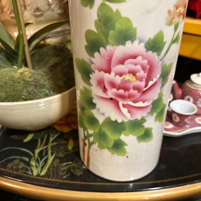 Vintage Asian Style White Ceramic Skinny Vase With Floral Accents For Sale - Image 4 of 8