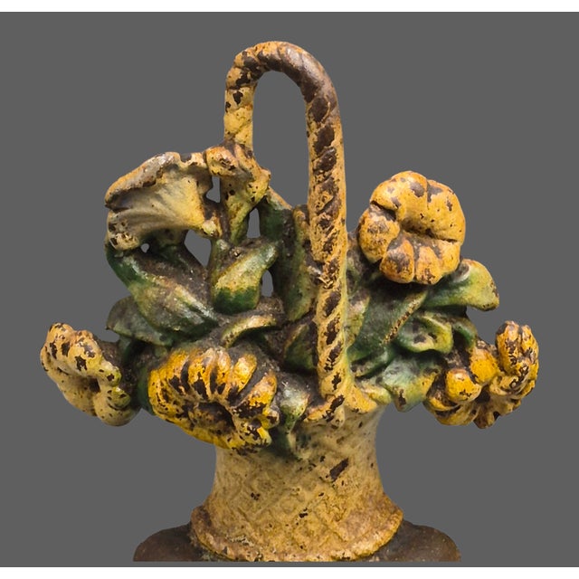 Antique Cast Iron Yellow Flower Basket Doorstop For Sale - Image 4 of 8
