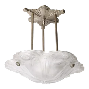 Art Deco Molded, Frosted Floral Abstract Cubist & Nickel Chandelier Signed Degué