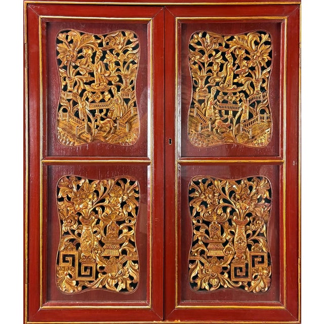 Wood Chinese Red and Gilt Carved Three-Piece Cabinet, Likely Early-20th Century For Sale - Image 7 of 9