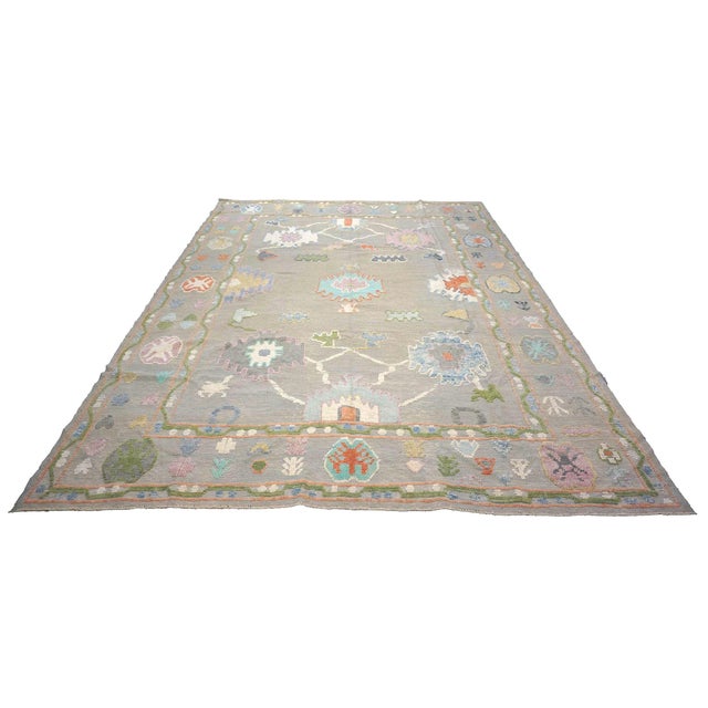 21st Century Turkish Oushak 9X12 Gray, Ivory, Orange & Green Handmade Area Rug #1144212