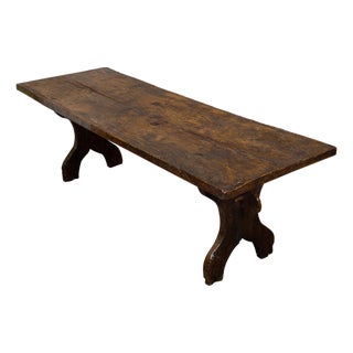 Italian 1800s Walnut Farm Table with Carved Legs, Stretcher and Weathered Patina For Sale