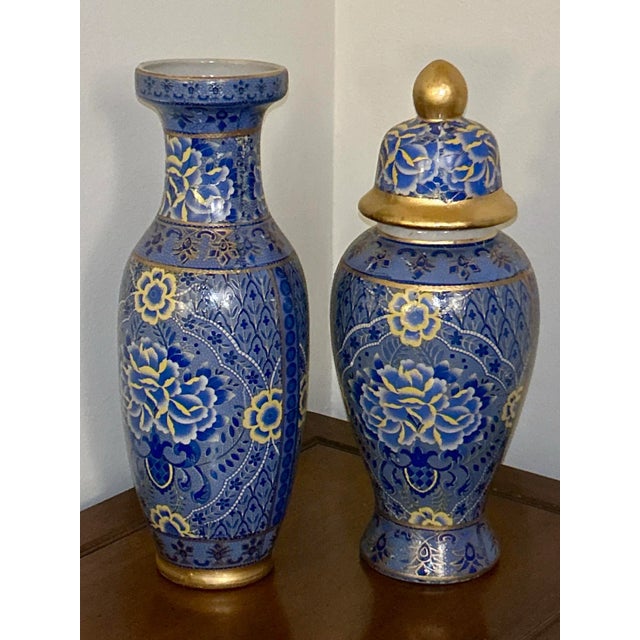 Mid 20th Century Vintage Blue and Gold Cloisonné Vases, 12 Inches Each - A Pair For Sale - Image 5 of 12