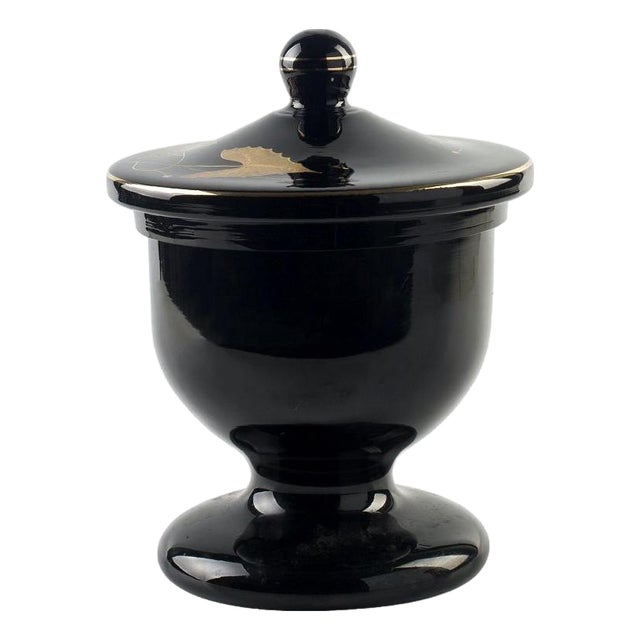 Mid-20th Century Glossy Black Glass Urn with Floral Motif, Germany For Sale