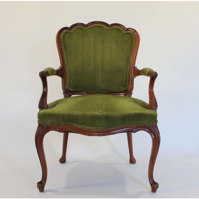 French Louis XV Fauteuil Arm Chair W/ Green Velvet Upholstery | Chairish