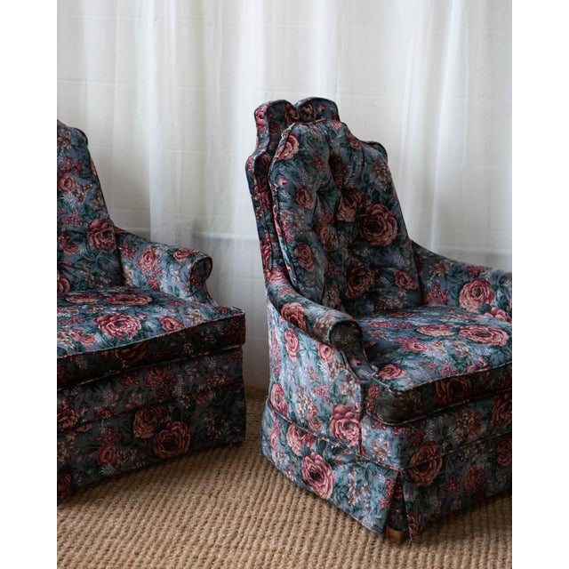 Pair of Vintage Tufted Floral Velvet High Back Chairs For Sale - Image 12 of 13