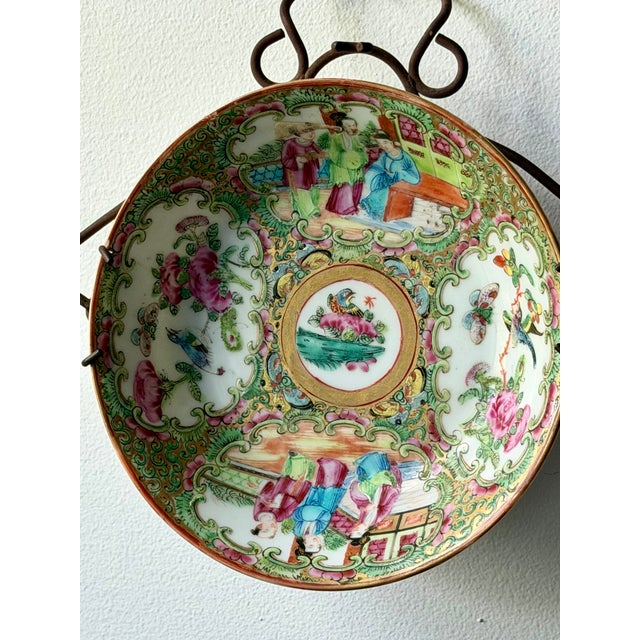Antique Chinese Famille Rose Porcelain Bowl in Wrought Iron Wall Mount For Sale - Image 4 of 9