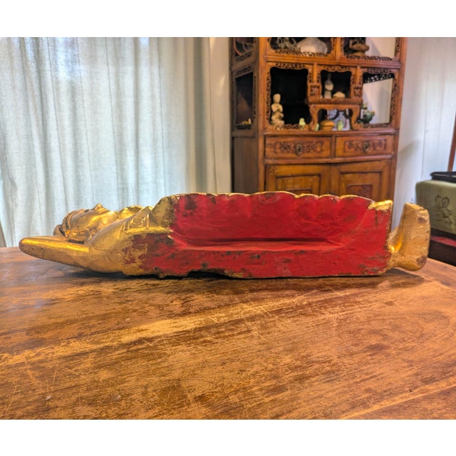 Wood 1930s-1940s Hand-Carved Giltwood Burmese Reclining Buddha For Sale - Image 7 of 11