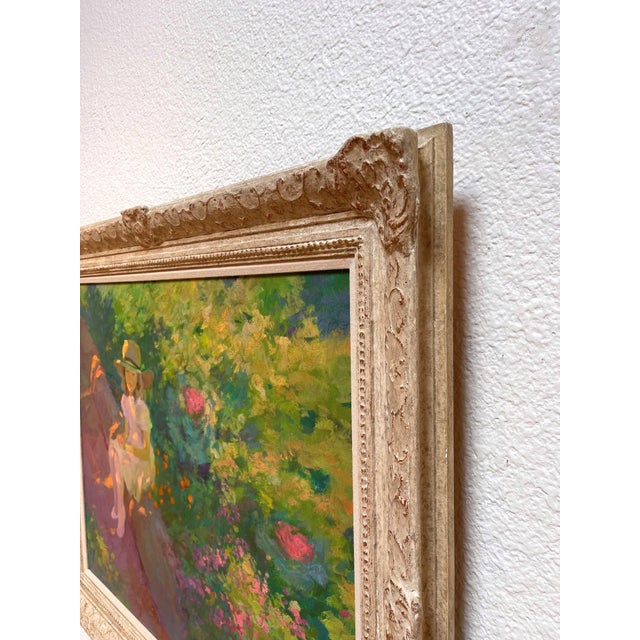 Impressionist In the Garden by Dan McCaw | Oil Painting of a girl sitting in a vibrant garden For Sale - Image 3 of 3