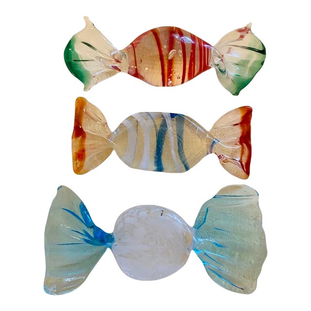 Hand Blown Murano Glass Candies, Blue, Green and Red, Set/3 For Sale
