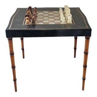Late 20th Century Midcentury Barnard & Simonds Leather & Bamboo Chess Table With Onyx Pieces For Sale