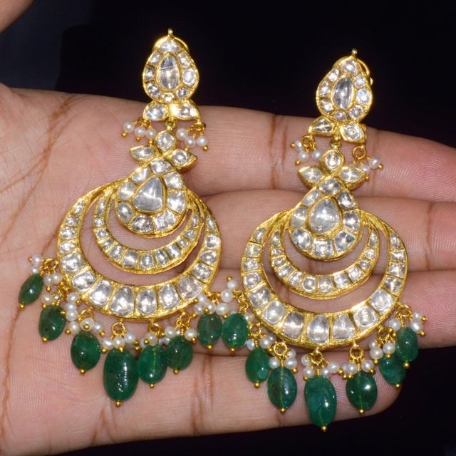 Estate Natural 8.30ct Polki Diamond & 28.30ct Emerald 22k & 18k Gold Chandelier Earrings, Pair For Sale In Dallas - Image 6 of 13