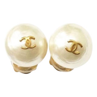 1990s Chanel Classic Gold Plated CC Small Pearl Clip on Earrings, A Pair For Sale