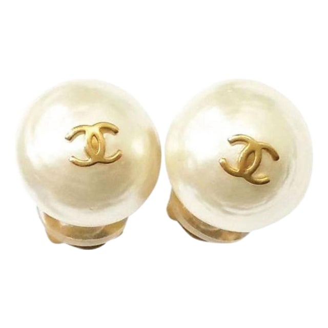 1990s Chanel Classic Gold Plated CC Small Pearl Clip on Earrings, A Pair For Sale