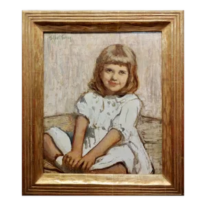 Elliot Torrey-1920s Portrait of a Young Girl Seated on the Floor-Oil Painting