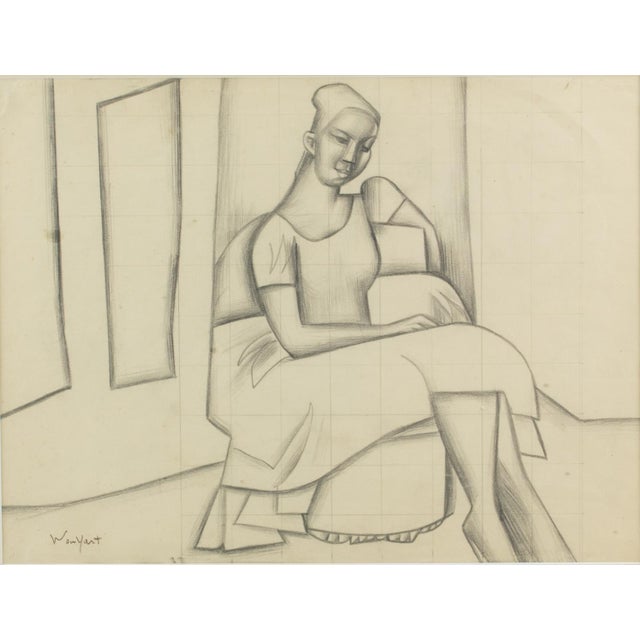 Cubist Woman Study Black Pencil Drawing by Wouyart, Circa 1930 For Sale - Image 4 of 16