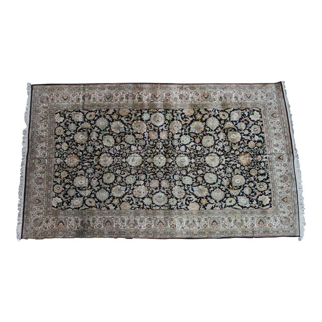 Vintage Oriental Floral All Over Wool & Silk Geometric Black Lotus Area Rug 8' For Sale
