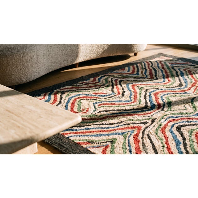 Textile Attractive Multicolor Background and Black Border With Folk Art Style Antique American Hooked Rug For Sale - Image 7 of 9