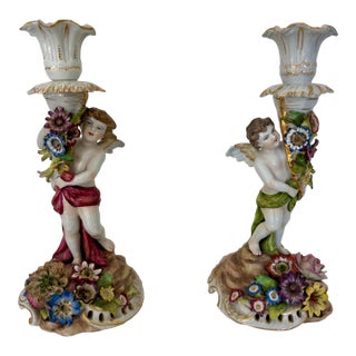 Pair of Antique Dresden Porcelain Candlesticks – Rococo Style With Cherubs & Floral Detail For Sale