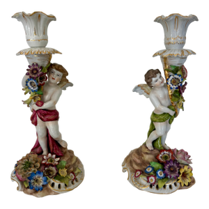 Pair of Antique Dresden Porcelain Candlesticks – Rococo Style With Cherubs & Floral Detail