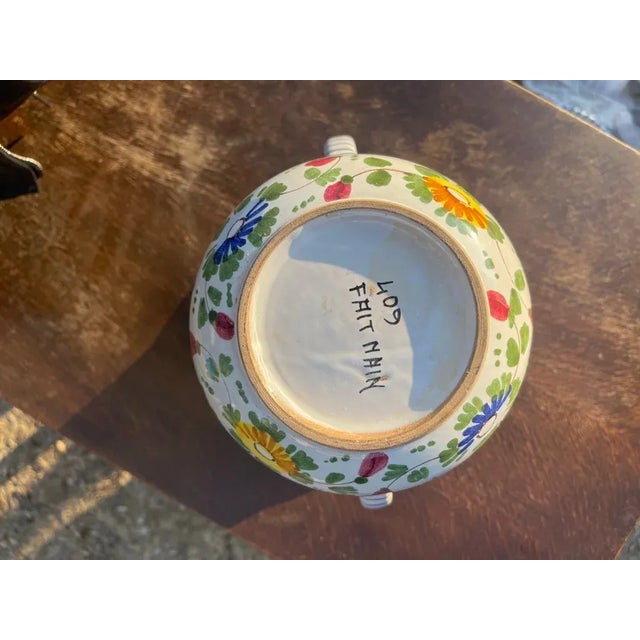 French Vintage Terracotta Vase – Hand-Painted White & Blue Floral Design For Sale - Image 4 of 5