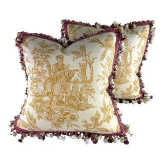 Vintage Travers Tasseled Chinoiserie Cotton Print Pillows/a Pair. For Sale
